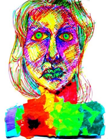 mixed media artwork, portrait of a woman using scribbled bright pen and colourful paper