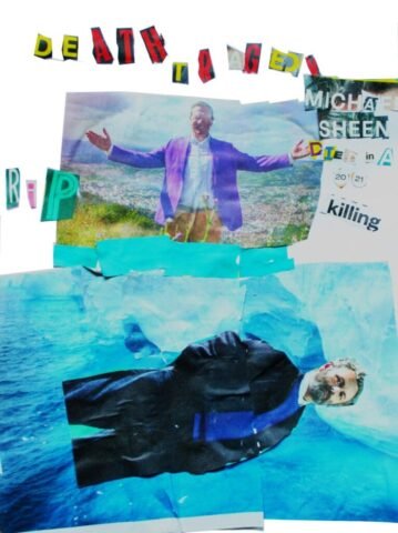 Collage featuring Michael Portillo and Charlie Sheen. Michael Portillo has his arms outstretched and Charlie Sheen is laid horizantal against a blue backdrop as if he is in water. Entitled 'RIP Charlie Sheen'