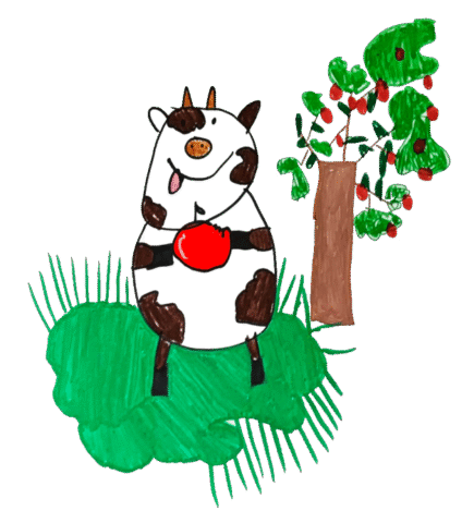 coloured pen drawing of a cow with an apple